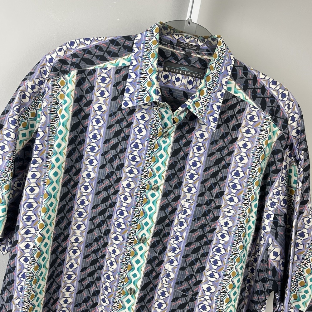 Vintage Basic Elements Shirt Mens L Bold‎ Geometric Stripe Print Tropical Resort